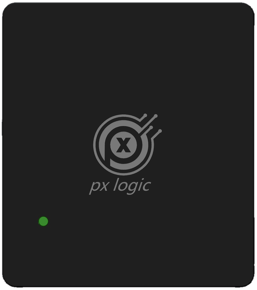 PX-Logic 产品正视图：黑色铝合金外壳，激光镭雕 PXLogic 品牌标识与状态指示灯