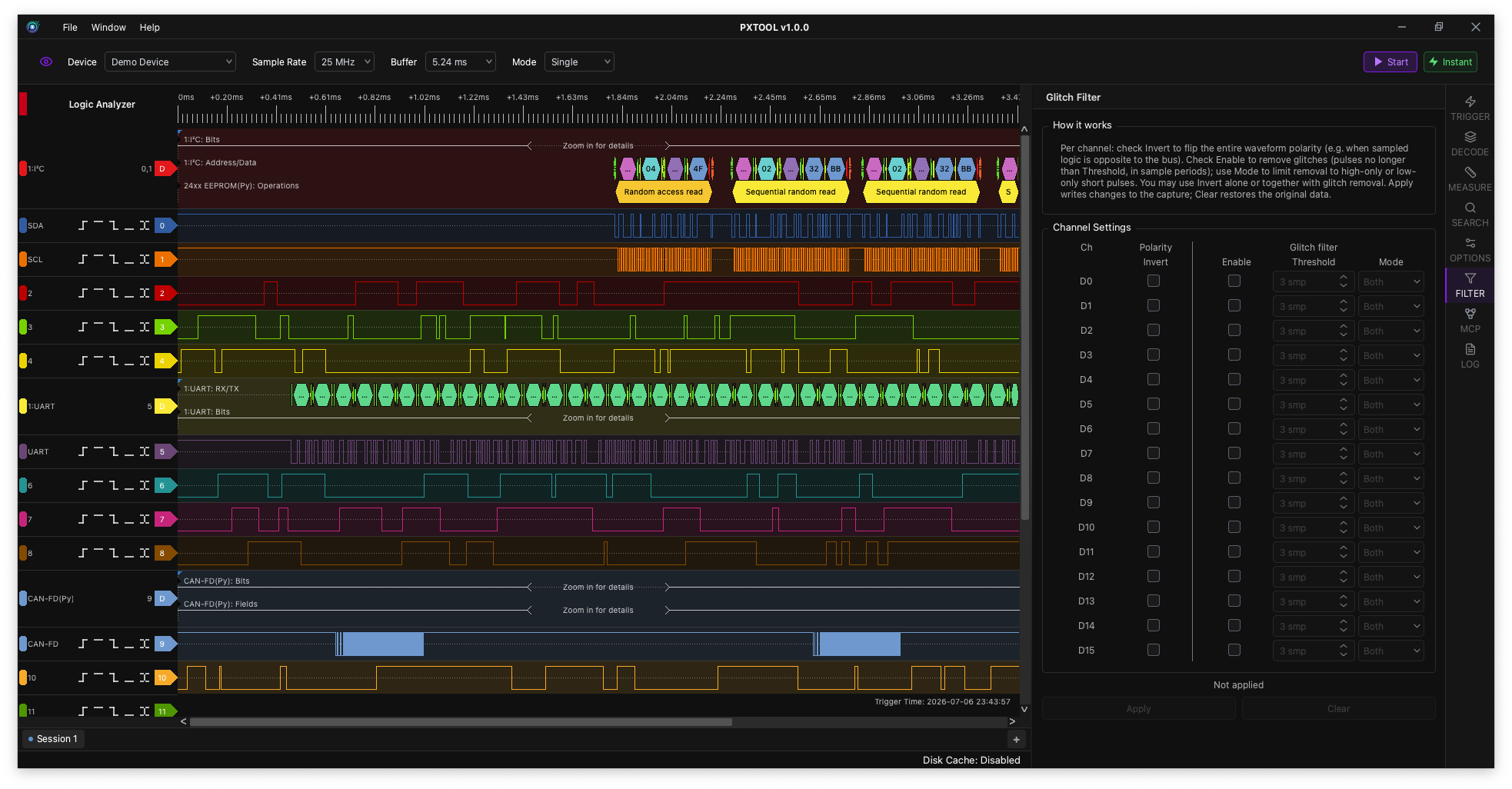 PXTOOL Analyzer filter panel screenshot