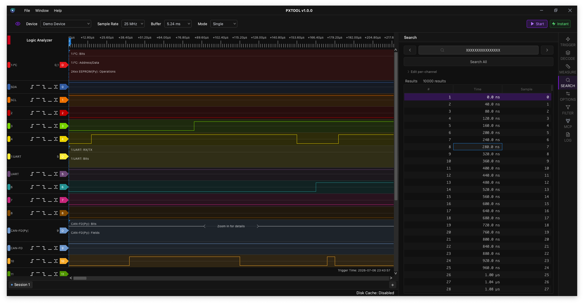 PXTOOL Analyzer search panel screenshot