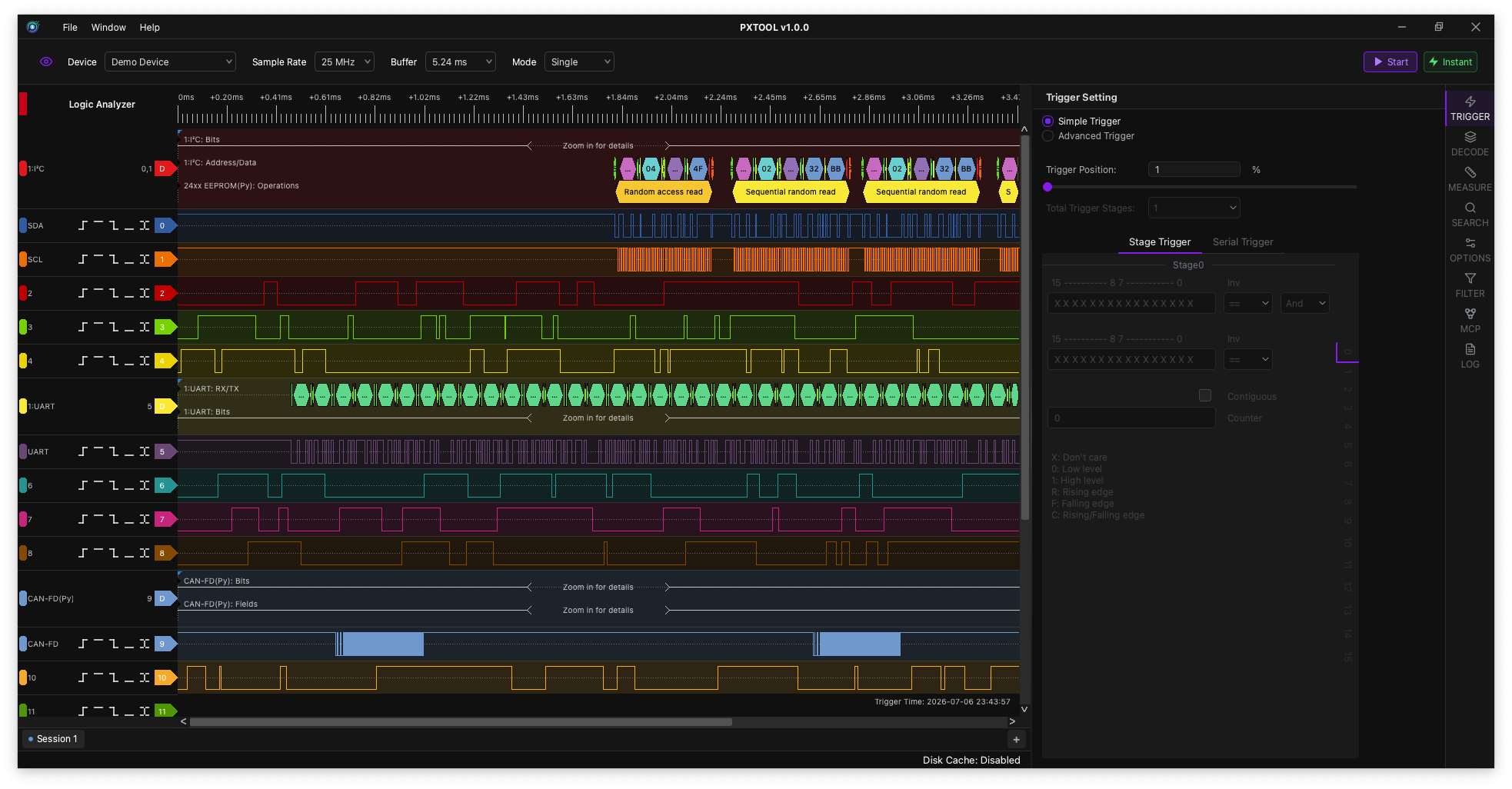 PXTOOL Analyzer trigger panel screenshot