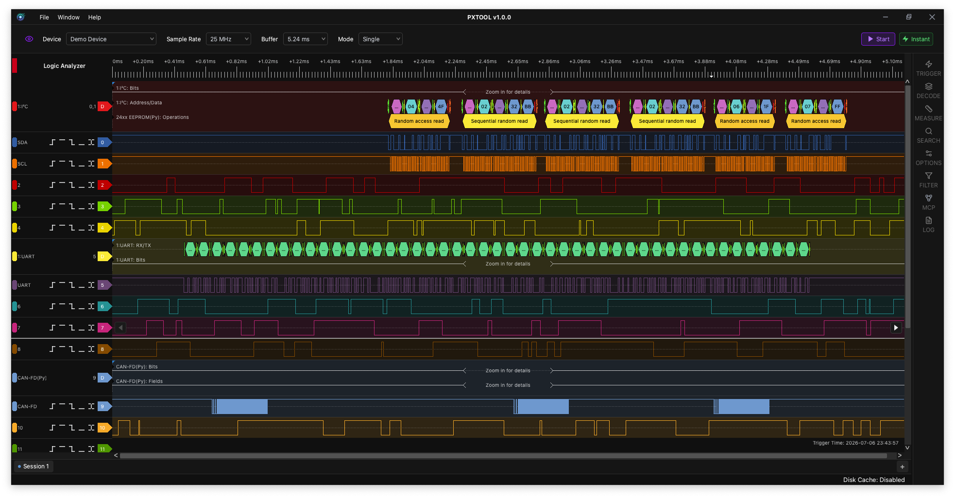 PXTOOL Analyzer dark theme waveform and decoder screenshot